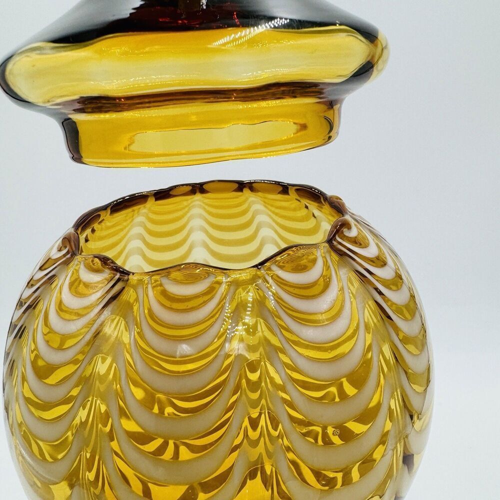 MCM Italy LAVORAZIONE EMPOLI Draped Amber cameo Art Glass Vase Compote Lidded - Picture 12 of 15